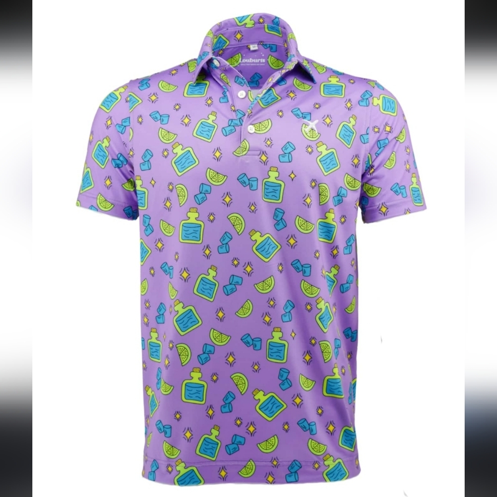 Louburts Ceetified Aviator Polo Shirt Men's XL Tequila Bottle Lime Pattern